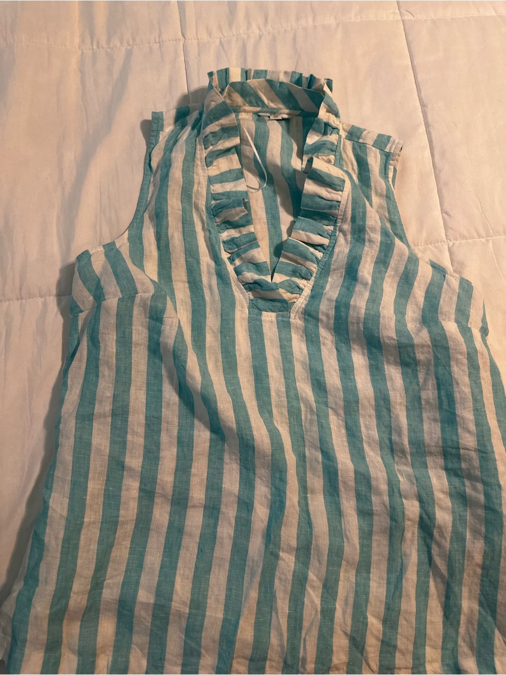 Sleeveless Ruffle V-Neck Striped Tank Top - Aqua & White